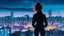 Placeholder: Clear Focus, High resolution, Beautiful girl standing backwards to a Cyberpunk skyline, comic style