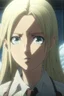 Placeholder: Attack on Titan screencap of a female The main character is a girl with light straight hair and different eyes