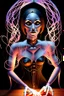 Placeholder: A dramatic digital mage of a woman seated on a table,facing to the front ,she is connected to string like a puppet, arms in air, moved by the strings, puppet like features in the face, beautiful face, behind her also facing the front is the puppet master,is a huge image of a man holding the strings, creepy gothic character,.zoomed in, dark and shadowy background with selective lighting on the woman, gothic and chaotic