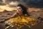 Placeholder: A hyper-realistic photo, beautiful woman lying on ground disintegrating into gold dripping ink and slime::1 ink dropping in water, molten lava, , 4 hyperrealism, intricate and ultra-realistic details, cinematic dramatic light, cinematic film,Otherworldly dramatic stormy sky and empty desert in the background 64K, hyperrealistic, vivid colors, , 4K ultra detail, , real photo, Realistic Elements, Captured In Infinite Ultra-High-Definition Image Quality And Rendering, Hyperrealism,