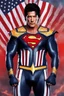 Placeholder: 20-year-old, extremely muscular, short, buzz-cut, pitch black hair, Paul Stanley/Elvis Presley/Keanu Reeves/Pierce Brosnan/Jon Bernthal/Sean Bean/Dolph Lundgren/Patrick Swayze/ hybrid, as the extremely muscular Superhero "SUPERSONIC" in an original patriotic red, white and blue, "Supersonic" suit with an America Flag Cape,