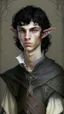 Placeholder: a teen elf. he has curly, black hair and sharp cheekbones. His eyes are black. He wears fantasy medieval clothes. he is lean and tall, with pale skin. with all full body