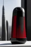 Placeholder: portable speaker, form inspired by Burj Khalifa, architecture form, modern design style and black and red color