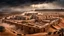 Placeholder: Massive brutalist architecture emerging from a desert landscape, fused with the ancient ksar structures of Ksar Ouled Soltane, partially hidden in dense fog. Monumental concrete forms mixed with traditional North African clay granaries, cinematic composition, ultra detailed, photorealistic, atmospheric lighting, dark surreal mood, mysterious scale, soft sandstorm haze, moody shadows, dystopian yet ancient feeling, high contrast, realistic textures, epic wide-angle shot, fog