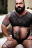 Placeholder: full figure shot photography of a dirty burly muscular chubby turkish manly man happy sitting, 62 years old, beefy, ugly , crossed arms, long beard, curly hair, sweat, tattoo, with completely torn and faded dirty cotton unbuttoned short trousers, tattoo, big bulge, beard , big legs, drunk eyes, bare-chested, huge belly, in industrial area, photorealistic, side light, view angle from low , ambient occlusion