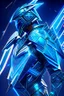 Placeholder: neon blue, flying parts of armor in form of triangles, cyber armor, geometric patterns on armor, male, orbiting triangle