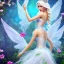 Placeholder: Fantasy fairy with transparent wings, smiling, make up, long platinum blond hair with crown and flowers, blue dress, flower background