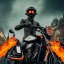 Placeholder: Fire head skeleton Rider wearing a black leather on black motorcycle in the middle of street rounded by high tower in a City