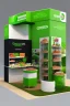 Placeholder: Corner green exhibition stand of a food company with product displays and a meeting area