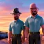 Placeholder: Walter White and his family with a train, 8k, realistic body, with a fedora, sunset background,