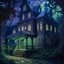 Placeholder: A purplish periwinkle haunted mansion with spirits painted by Vincent van Gogh