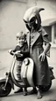 Placeholder: An old picture style of black and white mono very bad quality looks very old camera picture with cracks of a boy holdin a scooter standing beside an Alien creature that is dressed like a man , year 1900