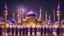 Placeholder: Hyper Realistic Photographic-View of lots of Muslim-Men praying outside a Massively-Huge-Beautifully-Crafted-Purple-&-Golden Mosque with detailed-minarets & Ramadan-Light-Decorations-&-Lamps-&-a-water-fountain at beautiful-dark-rainy-night with dramatic-&-Cinematic-Ambiance