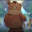 Placeholder: Clear focus, High resolution, a anime kid, cute, cartoony style, smiling, anime screencap, hair between eyes, holding a brown teddy bear, small forhead, female