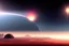 Placeholder: Epic exoplanet in the horizon, clouds, big mountains, water, science fiction landscape