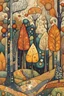 Placeholder: random color Zentangle patterns in the styles of Gustav Klimt ,Wassily Kandinsky, Paul Klee, and Kay Nielsen that depicts a a remote autumn forest glade, with fine ink outlining