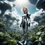 Placeholder: Wide-angle photo of a slim sci-fi woman with blond hair, wearing a silver and black futuristic android-like spacesuit, standing on an alien cloud tree jungle planet