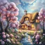 Placeholder: create a whimsical fairy tale landscape painting with a glowing storybook cottage of curved walls and thatched roof, nestled among fantastical pastel trees with cloud-like lavender, mint, peach, and cream foliage, a sparkling stream reflecting the colorful sky, abundant textured wildflowers like cotton candy and sea urchins in pastel shades, glowing windows, climbing vines with delicate blossoms, highly detailed dreamlike textures, soft diffused magical light --ar 16:9 --v 7 --style 4b --q 2