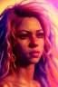 Placeholder: Shakira, artist, 30 years old, Realistic image, waist up portrait, etro style dress. Blonde, feathers, loose long hair, eyes make up, perfect, glow, circle iris. Neon colors, leds, geometric shapes. Dark background, photo studio, neon lights. Cyberpunk, concept art, smooth, unreal engine 5, god lights, ray tracing, RTX, lumen lighting, ultra detail, volumetric lighting, 3d, finely drawn, high definition, 4k.