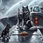 Placeholder: digital art front in picture an of little dark dog like creature stands and looking an anthropomorphic wolf couple sitting on the spaceship's ramp close together, the female wolf sits behind pale gray male wolf and puts one paw on the dark gray wolfman's shoulder, raini day, on ramp a little piece of meat lies down, high contrast, high detalied, high realistic, in background detail of a spaceship is visible. Rain, The atmosphere is a seamless blend of sci-fi and dark fantasy mood, digital art