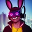 Placeholder: stylized anamorphic Rabbit, smiling, cyberpunk headphone, sunglass, gangsta gold neckless, full body, magenta puffer jacket, manila city backdrop, dramatic lighting, hyper realistic, unreal engine 5, 16k