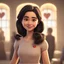 Placeholder: a portrait of smiling girl. carricature. cute. adorable. black hair. medium wavy hair. fair skin. dark brown eye pupils. small nose. heart face shape. smart casual dress. pixar style. 3D. 4k. portrait. highly detailed. sharp focus. high resolution. full color. cinema lighting