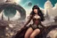 Placeholder: erotic sci-fi steampunk pin-up girl, with long dark hair with bangs, on an alien planet with cloud trees, tall spires, buildings, bridges, arches, photorealistic