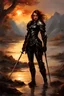 Placeholder: A formidable warrior girl in black armor, on the background Amazing gloomy landscape, flooded with sunset, mountains, trees, fabulous scary hero, , juicy emotions, painting, dark fantasy, gloomy day, dark world, portrait, by James Paick & Anna Razumovskaya