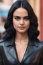 Placeholder: realistic close up photo of Camila Mendes in leather