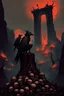 Placeholder: a weird bird-man creature in dark hooded and hat sitting on top of a tree stump, pile of skulls under his feet, under in valley a ruins city with fires and ash and bones, dark deep colors, style by Vincent Lefevre, El Kazovszkij, and Lovecraft , black raven sitting on his shoulder, dark dream of the end the world, in the background floating a tall dark magic gate into after-life, surreal weird art, cinematic