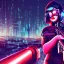 Placeholder: girl pointing gun, cute, metal skin, neon eyes, red lips, on her keen, menacing, cyberpunk city in background, cinematic, imax