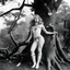 Placeholder: [high res photo by Kishin Shinoyama (1968)] a female Barbarella version of Saint Sebastian wounded by arrows along the trunk of a tree