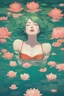 Placeholder: A green-haired woman facing up lies at the bottom of the pool, with lotus flowers floating on the water, reflection, loose strokes, dynamic lighting, digital art, art by james jean, takato yamamoto, 4k, concept art, illustrative