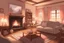 Placeholder: Craft a warm living room with a fireplace, family photos, and soft, pastel hues. Include subtle horror elements, such as flickering lights casting eerie shadows, family photos with faces that distort at times, or a painting that gradually changes over time. anime visual novel style