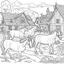 Placeholder: oloring book for kids, no colors, horses in village