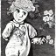 Placeholder: illustration of a childish looking character in black and white, with big white eyes, full body, flower surrounding,