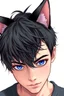 Placeholder: A young man with messy black hair, black cat ears on his head, blue eyes.