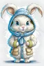 Placeholder: cute adorable snow bunny. it's wearing a very cute coat and a scarfe. Cute little winter boots. hyper realistic. Transparent background.