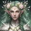 Placeholder: Generate a dungeons and dragons character portrait of the face of a female spring Eladrin. She is a circle of the Stars Druid, Twilight Cleric. Her hair is off-white and voluminous. Her skin is very pale. Her eyes are green. She wears a dainty circlet made of silver coated branches with pink, white, and yellow flowers.