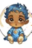 Placeholder: an anime style drawing of a black and asian baby boy. hes wearing blue medieval royal baby onesie. he is sun and moon themed. he is adorable and he has freckles.
