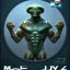 Placeholder: short sighted,muscular alien holding up hands, movie poster