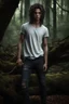 Placeholder: thin 17 year old male with dark tangled and knotty hair and blue eyes wearing a ripped and dirty white teeshirt, in a forest , photorealistic, 4k, dark fantasy