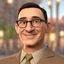 Placeholder: a portrait of smiling a man. around 40years old. carricature. dark black hair. short hair. light brown skin. dark brown eye pupils. wearing small rectangle, thin frame glasses. square face shape. formal dress. pixar style. 3D. 4k. portrait. highly detailed. sharp focus. high resolution. full color. cinema lighting