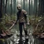 Placeholder: "CLAYMATION”, sinister clay Jason Vorhees in a hockey mask standing knee deep in a swamp with a machete, creepy, spooky, sinister, clay figures, clay scenery, clay sculpture, 16k resolution, claymation movie still, "Friday the 13th" movie aesthetic, Studio Laika, wide-angle lens