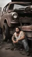 Placeholder: photography of a dirty burly chubby gipsy manly man serious repairing a car, , 36 years old, beefy, ugly , dirty curly hair, sweat, tattoo, with completely broken cotton pants, bulge, beard , angry eyes, bare-chested, huge belly, in industrial area, photorealistic, side light, view angle from low , ambient occlusion