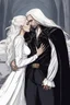 Placeholder: Strahd Von Zarovich being kissed by a beautiful woman with white hair, wearing an off the shoulder dress. Settling and background are a lavish toomb with an ebony coffin.