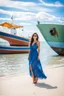 Placeholder: young lady wearing beautiful maxi blue dress standing in beach posing to camera ,ships in sea ,blue sky nice clouds