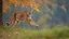 Placeholder: A mountain lion chasing a white tail deer, dynamic action, jumping, splashes of leaves, nature photography, raking light, blue lights in the background --ar 16:9 --style raw --v 6.0