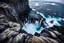 Placeholder: massive intimidating rock cliffs ascend all around. far below, the stormy ocean swirls intimidatingly. The ocean water falls off a waterfall down into unknown depths.