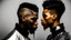 Placeholder: two Afro-American males facing each other in profile, confrontational stance, high-contrast black and white, deep shadows, bright rim lighting, dark studio background, punk spiked mohawk hairstyles, metallic reflective jackets, skin highlights, intricate chrome ear frames and jawline exoskeleton jewelry, biomechanical ear cuffs, sculptural contours, sharp silhouettes, cinematic low-key photography, cyberpunk aesthetic, symbolic duality, tension, dramatic